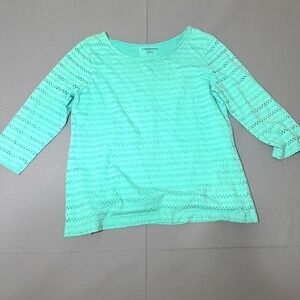 Croft & Barrow Top Womens M Green Pointelle Striped Cotton Three Quarter Sleeve